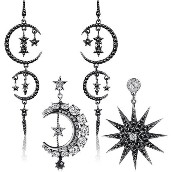 2 Pairs Silver Crescent Moon Star Statement Earrings Gothic Boho Dangle Earrings - Picture 1 of 5
